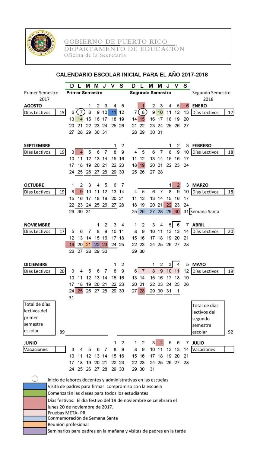 Calendario Escolar De Puerto Rico Para El Año 2017-2018