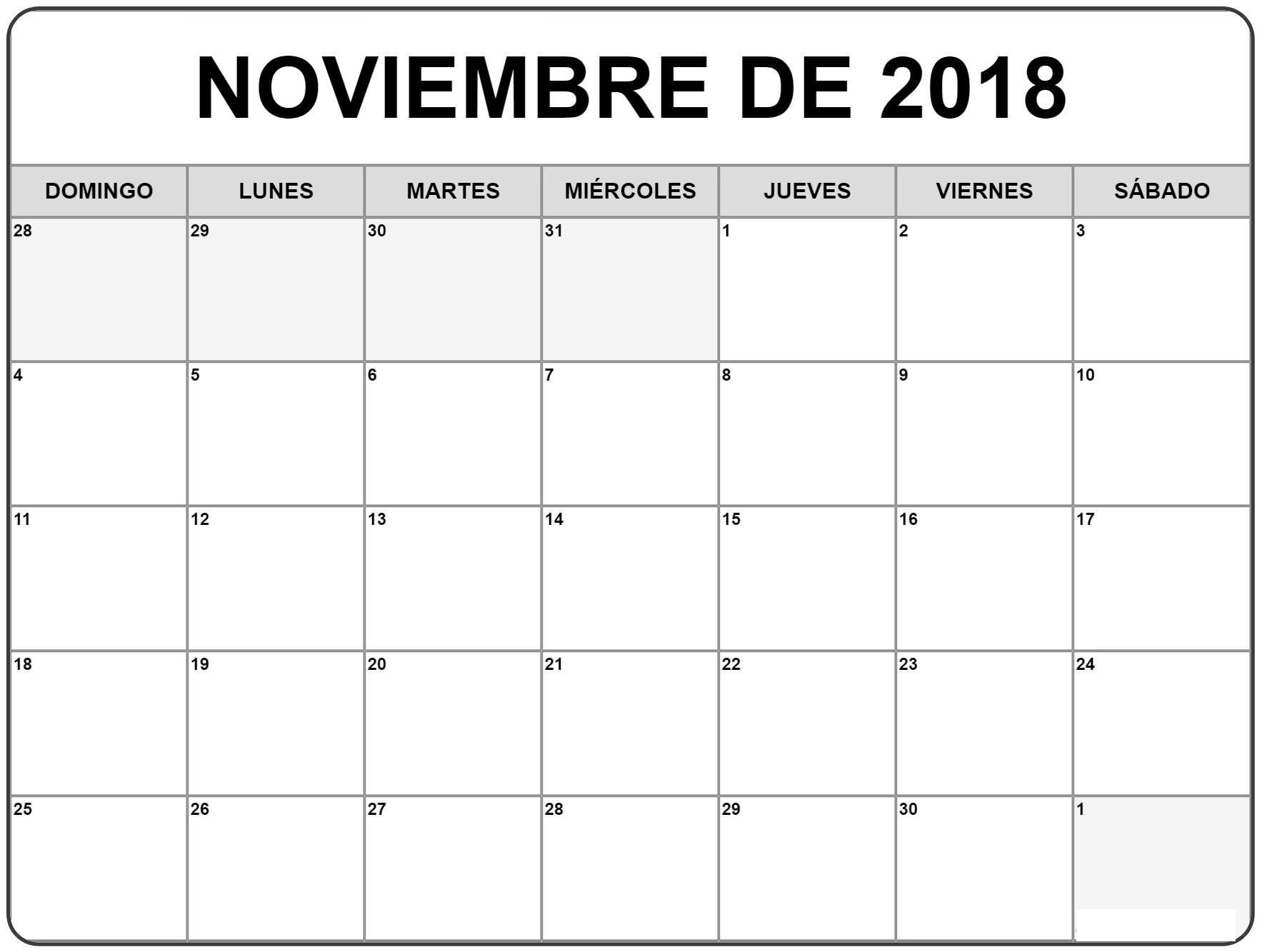 Calendario Noviembre 2018 Para Imprimir Excel (Con Imágenes