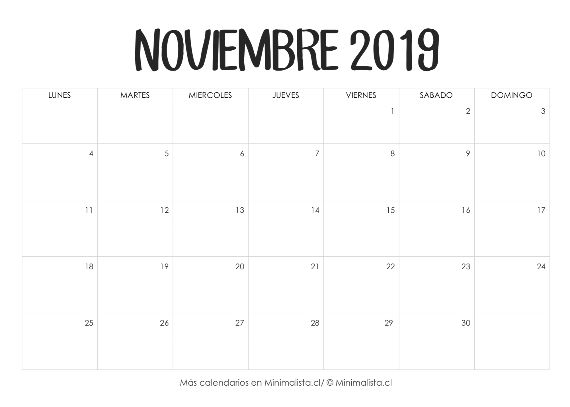 Calendarios 2019 Para Imprimir - Minimalista