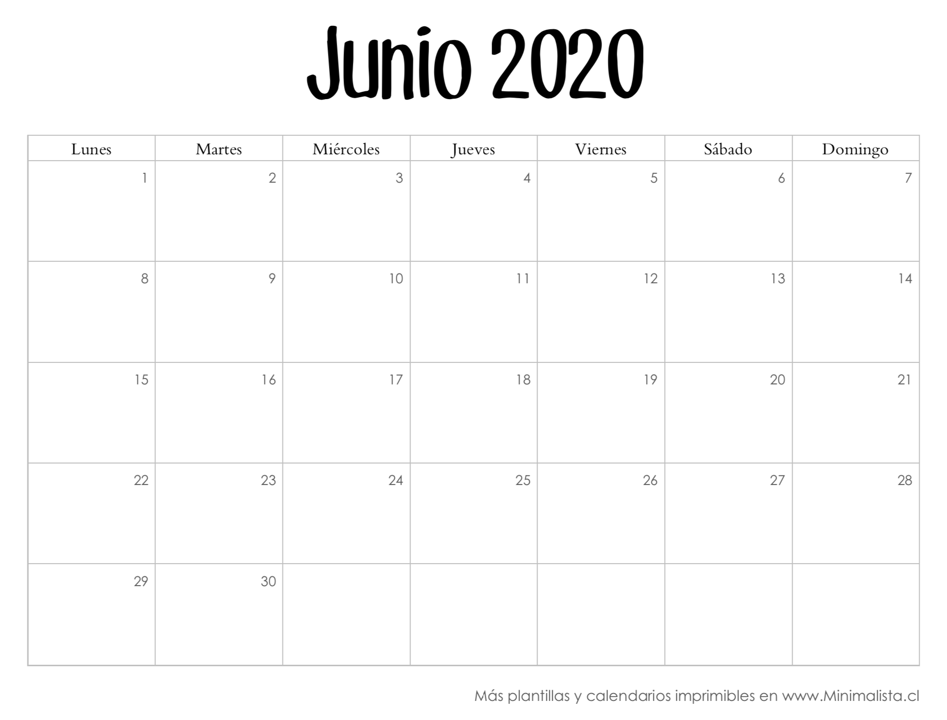 Calendarios 2020 Para Imprmir - Minimalista