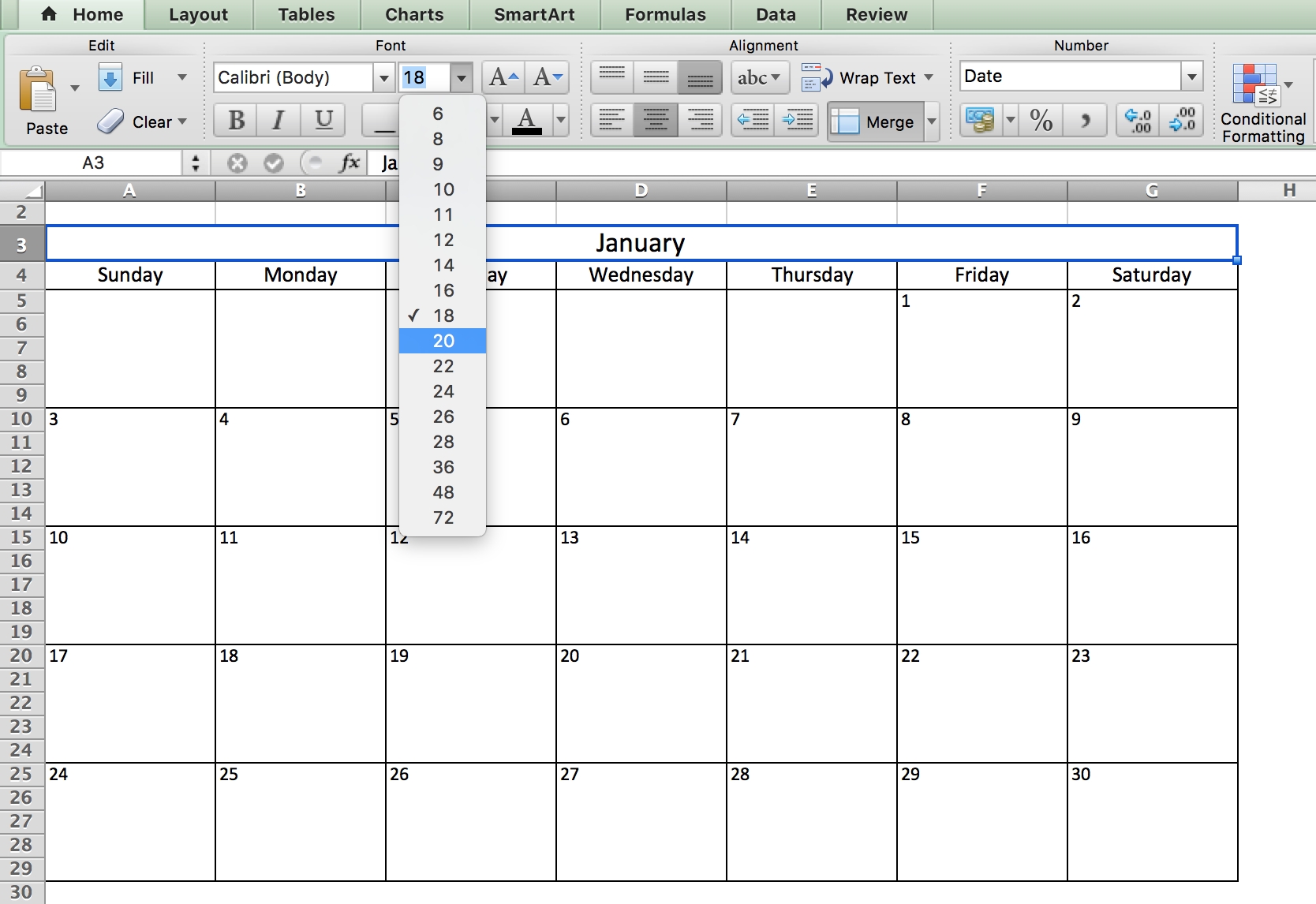 Choosing Fonts - Calendar In Excel | Free Calendar Template