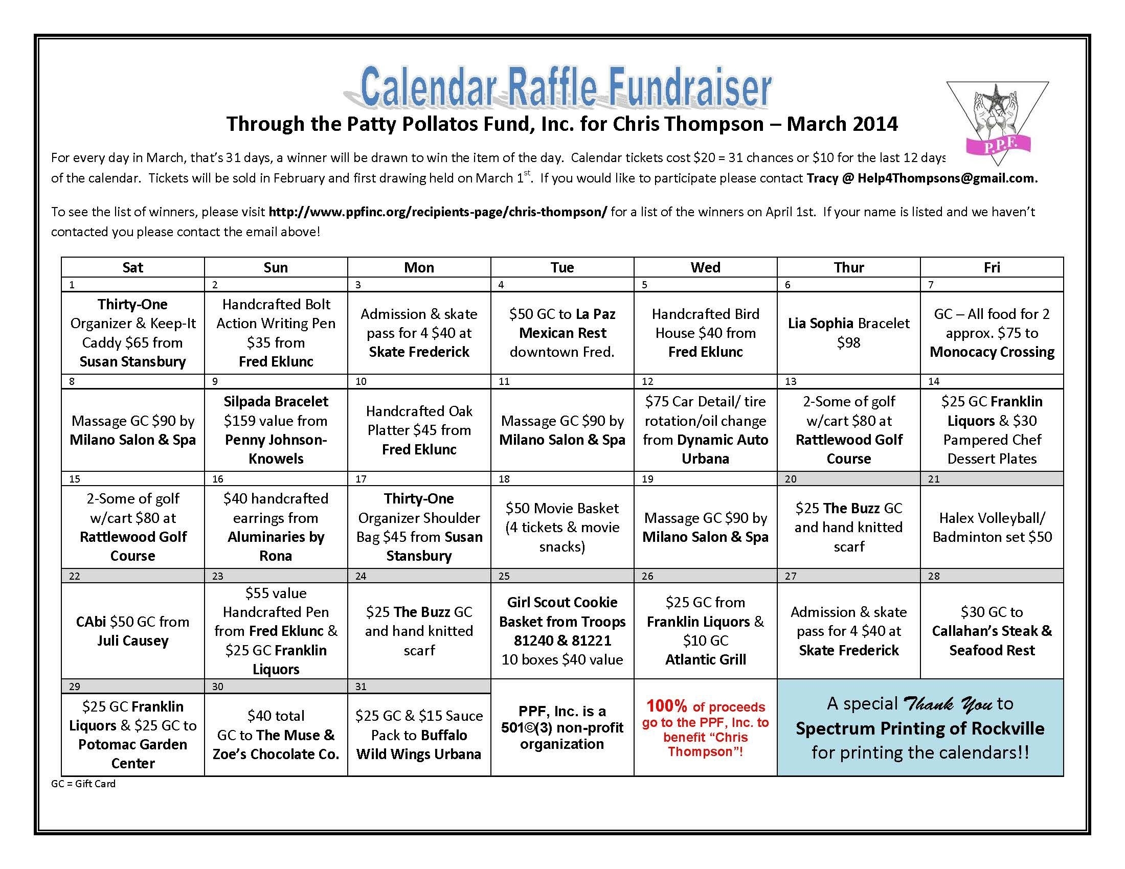 Chris Thompson Calendar Raffle (With Images) | Fundraising