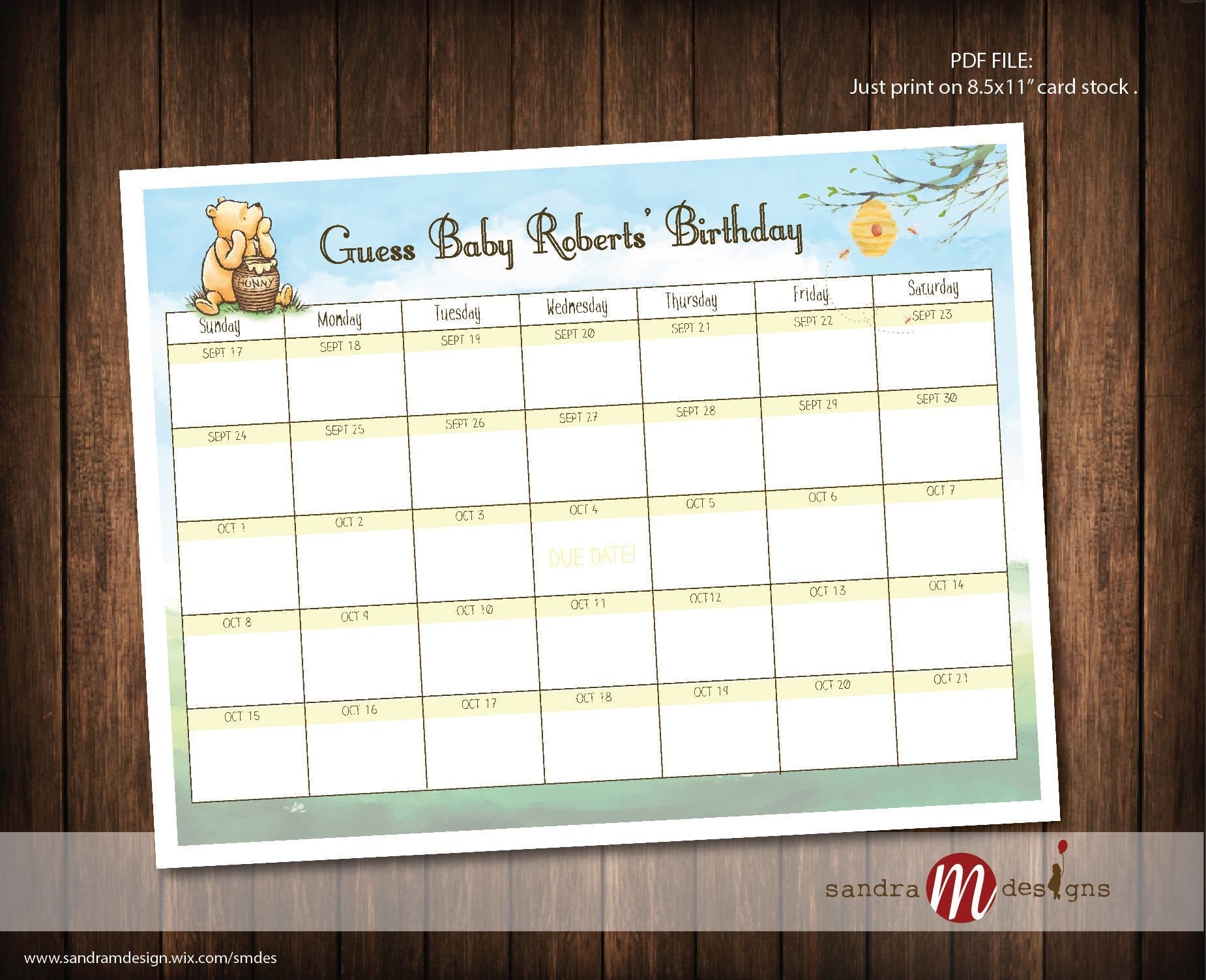 Classic Winnie The Pooh Baby Shower Guess Due Date Calendar