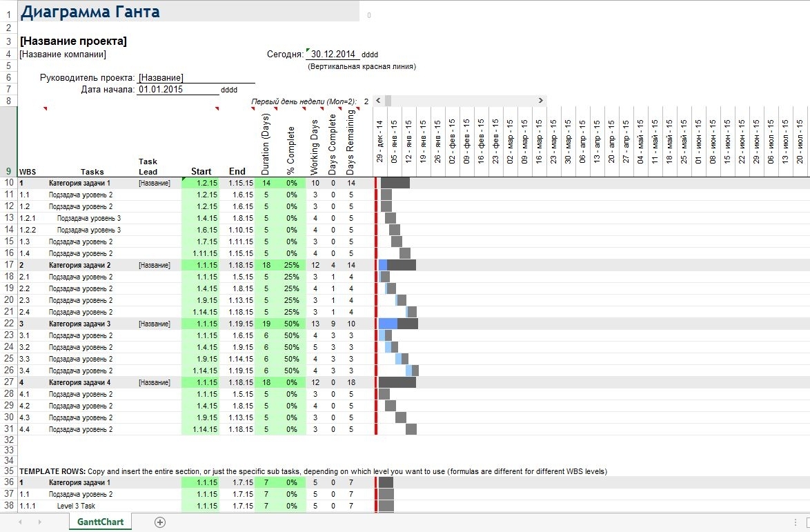 Шаблон Excel &quot;диаграмма Ганта&quot;