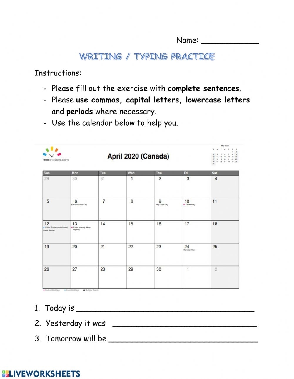 Date For Wed April 22 2020 - Interactive Worksheet