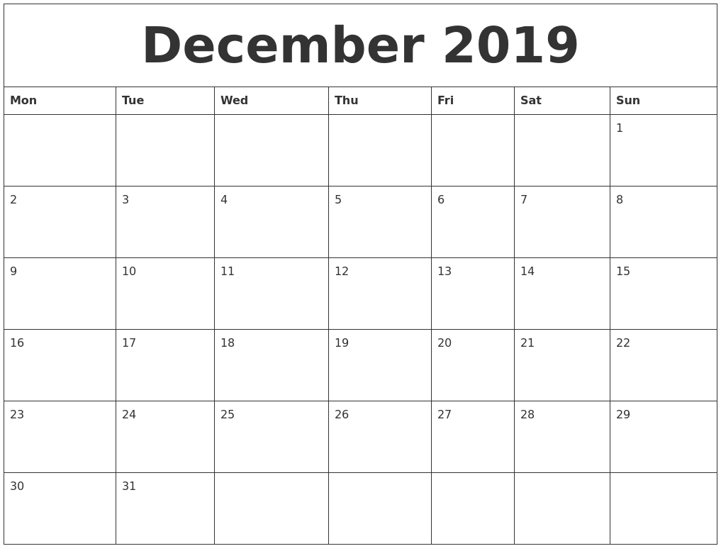 December 2019 Large Printable Calendar