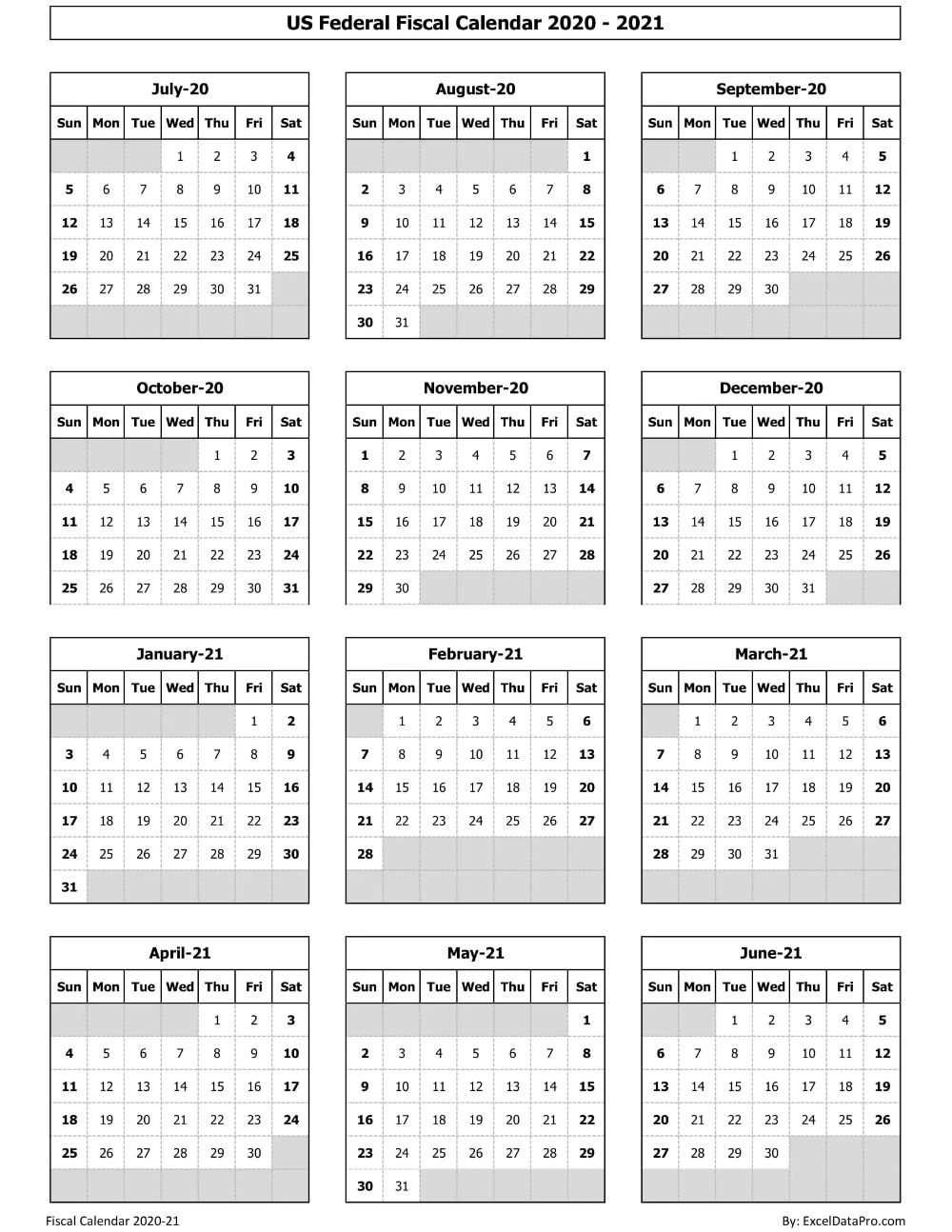 Download Us Federal Fiscal Calendar 2020-21 Excel Template