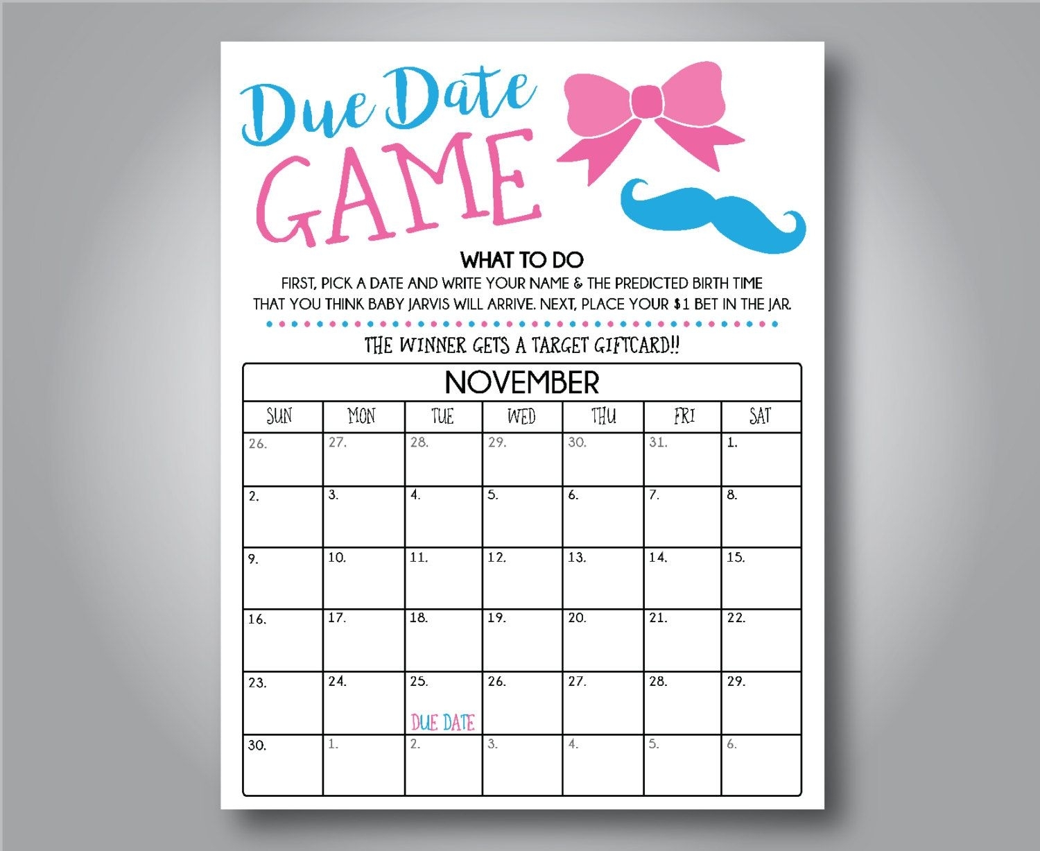 Due Date Game 16X20 Poster File, , Gender Reveal Party