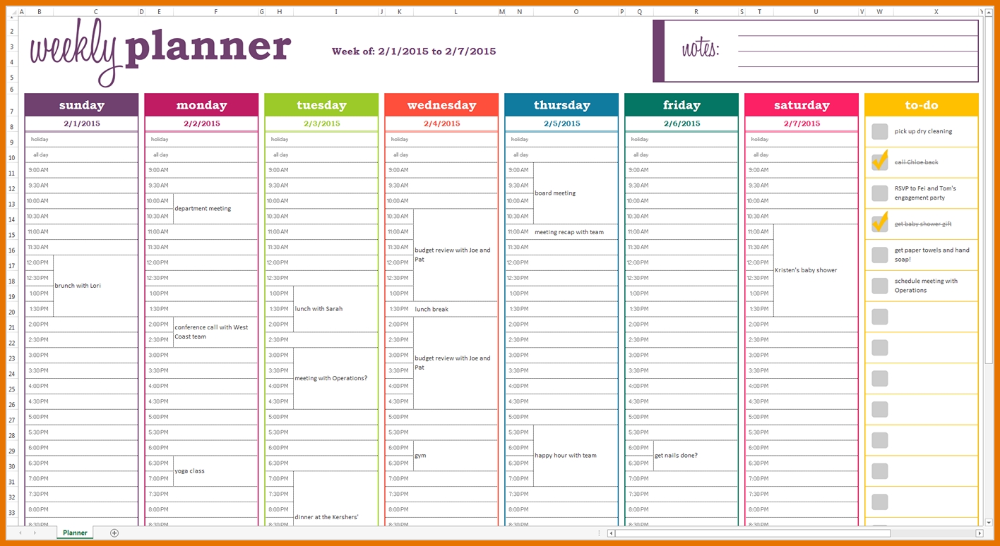 Dynamic Weekly Planner Excel Template - Screen View (Example