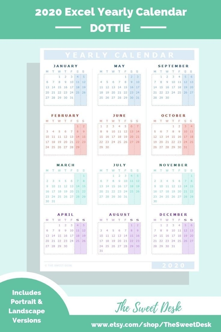 Editable 2020 Excel Yearly Calendar Template | Printable