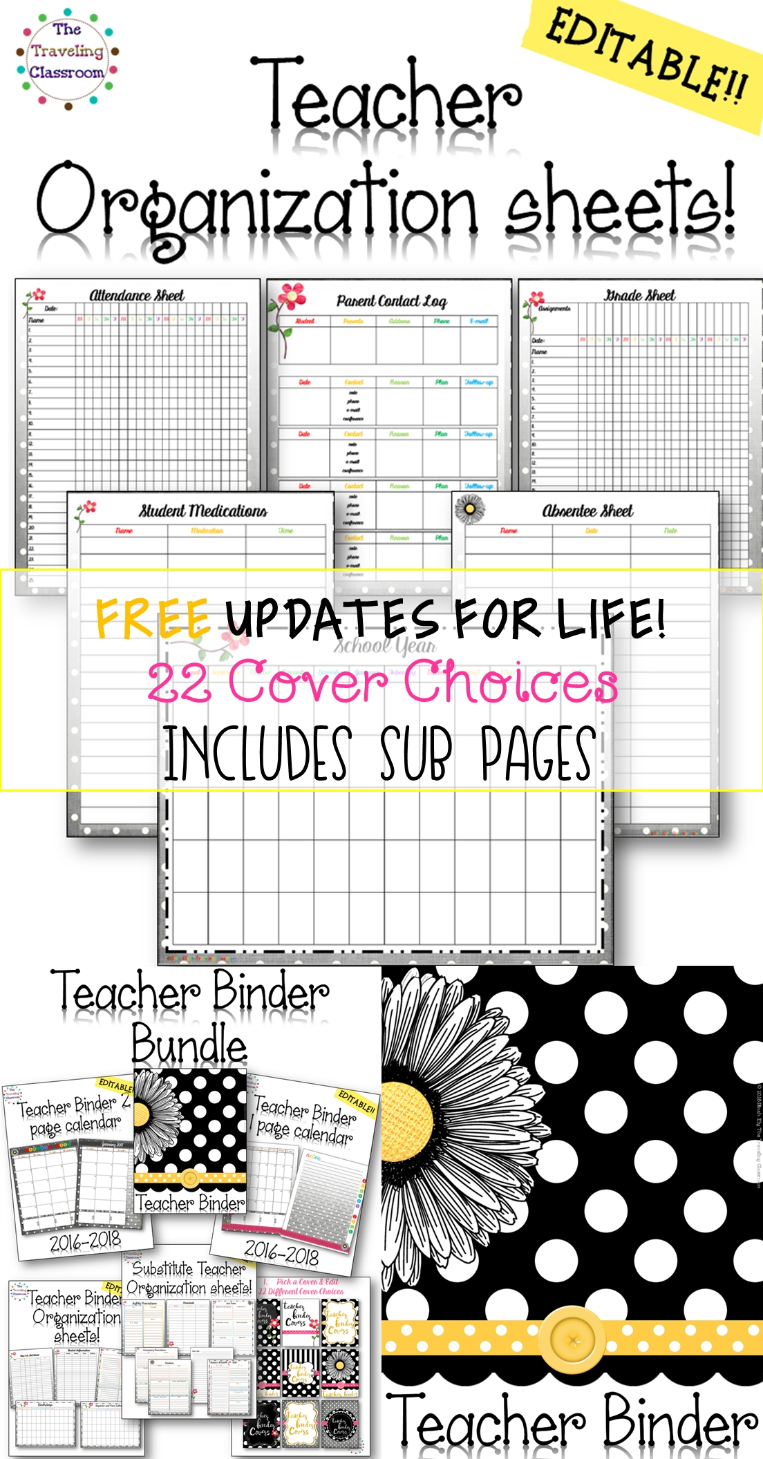 Editable Teacher Binder Bundle 2018 - 2019 {Black White