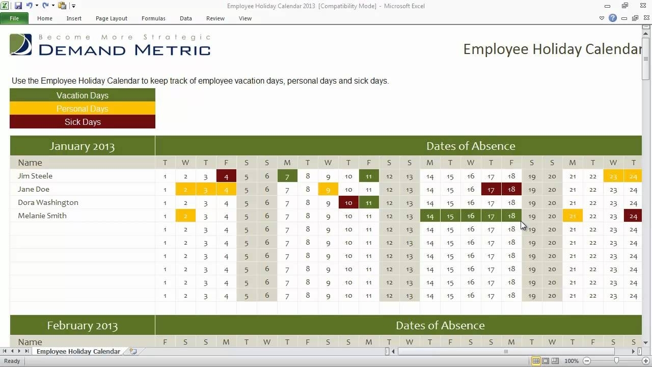 Employee Holiday Calendar Template 2013