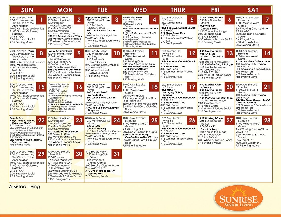 Example Assisted Living Calendar From Sunrise Senior Living