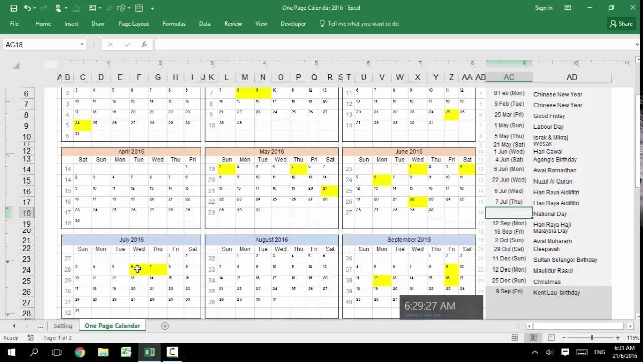 Excel - Customizable Calendar For Year 2016,2017, 2018, 2019, 2020