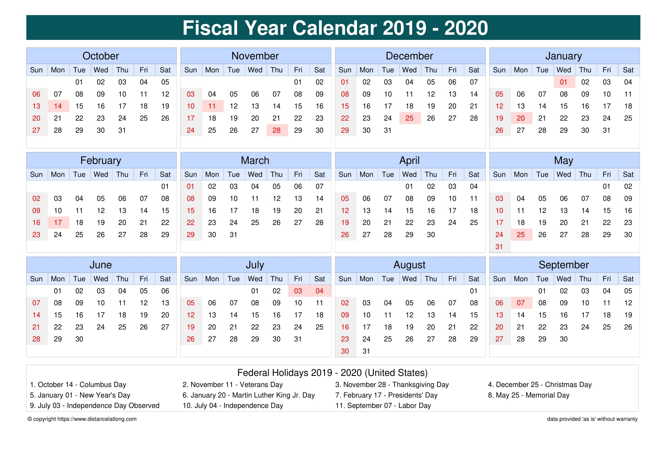 Fiscal Year 2019-2020 Calendar Templates, Free Printable