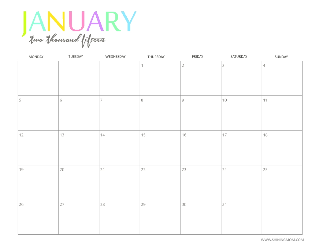 Free 2015 Printable Calendar By Shiningmom: Fun And