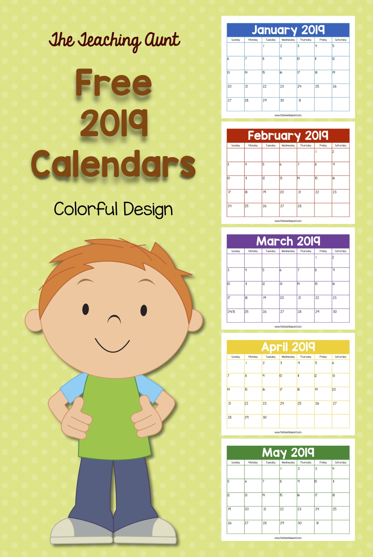 Free Colorful 2019 Calendar | Kids Calendar, Preschool