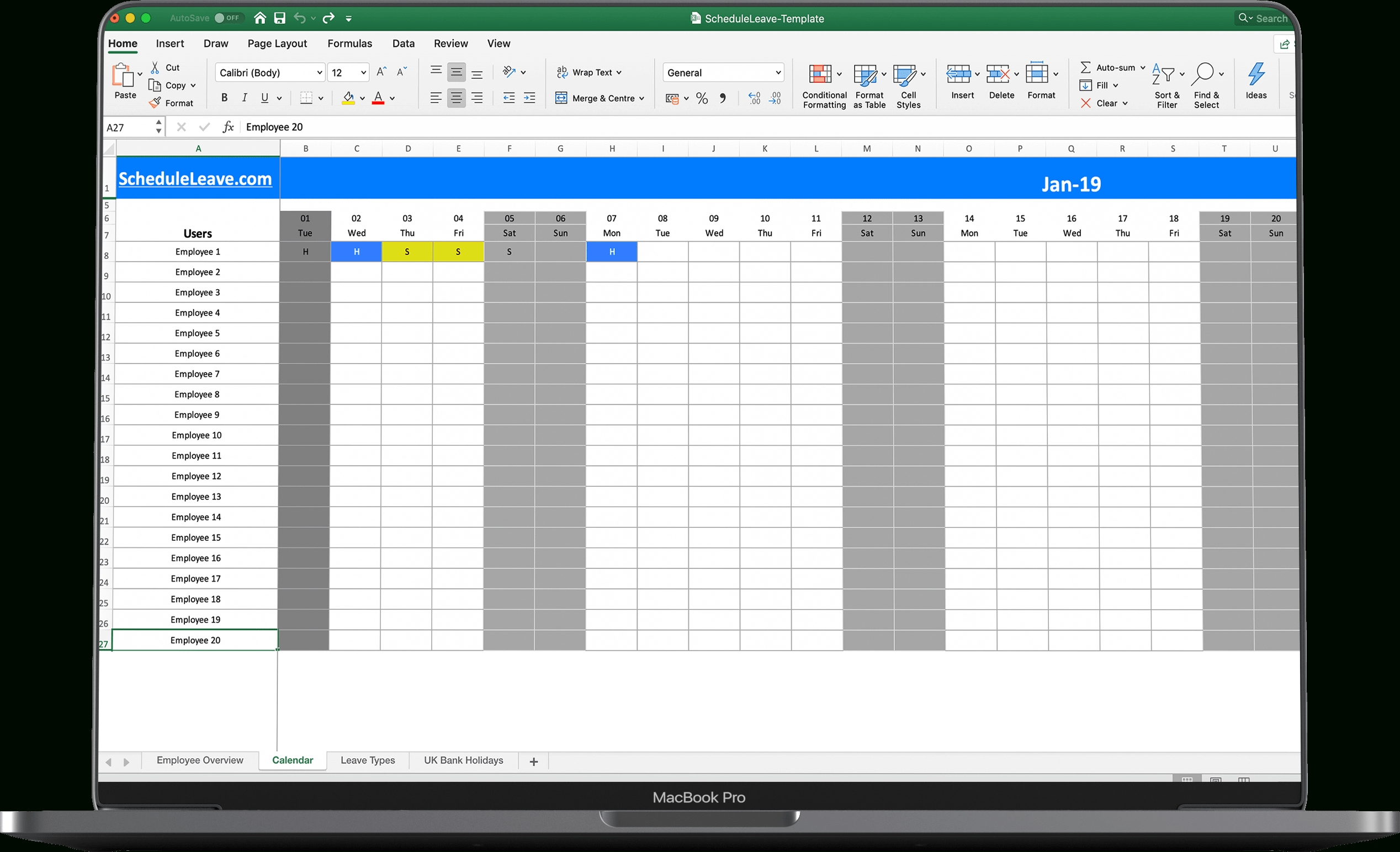 Free Excel Leave Calendar 2020 Spreadsheet Template