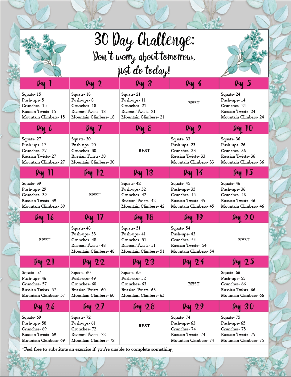 Free Exercise Printable 30-Day Challenge: Easy, Medium