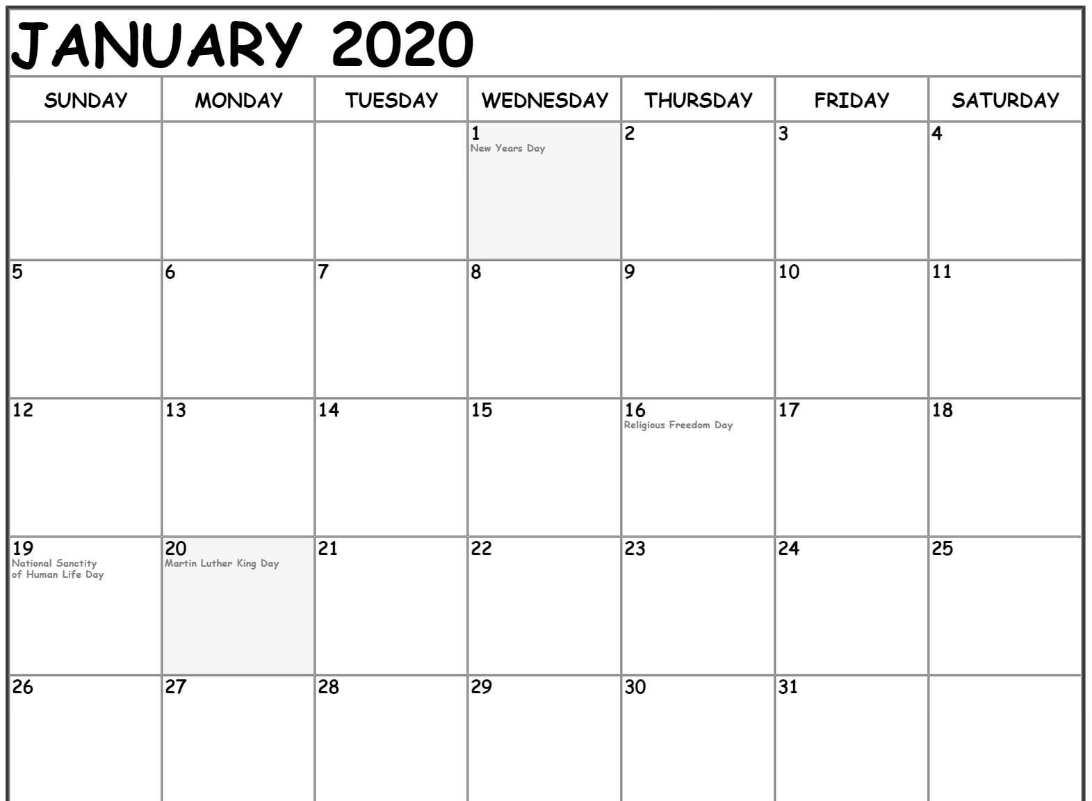 Free January Calendar 2020 Printable Template Download In