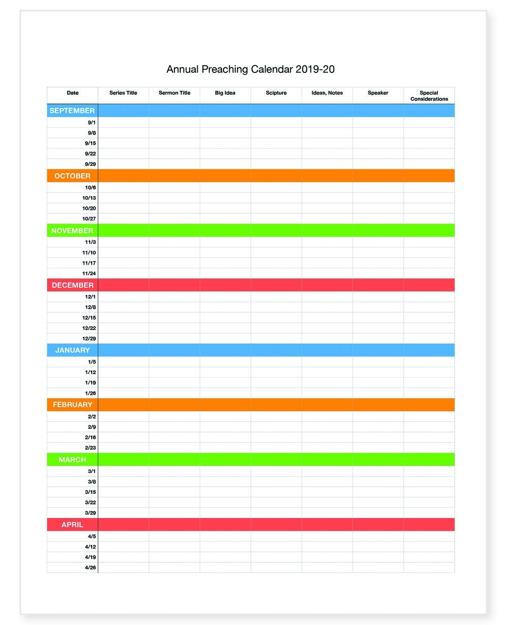 Free Preaching Calendar Template — Dave Deselm Ministries