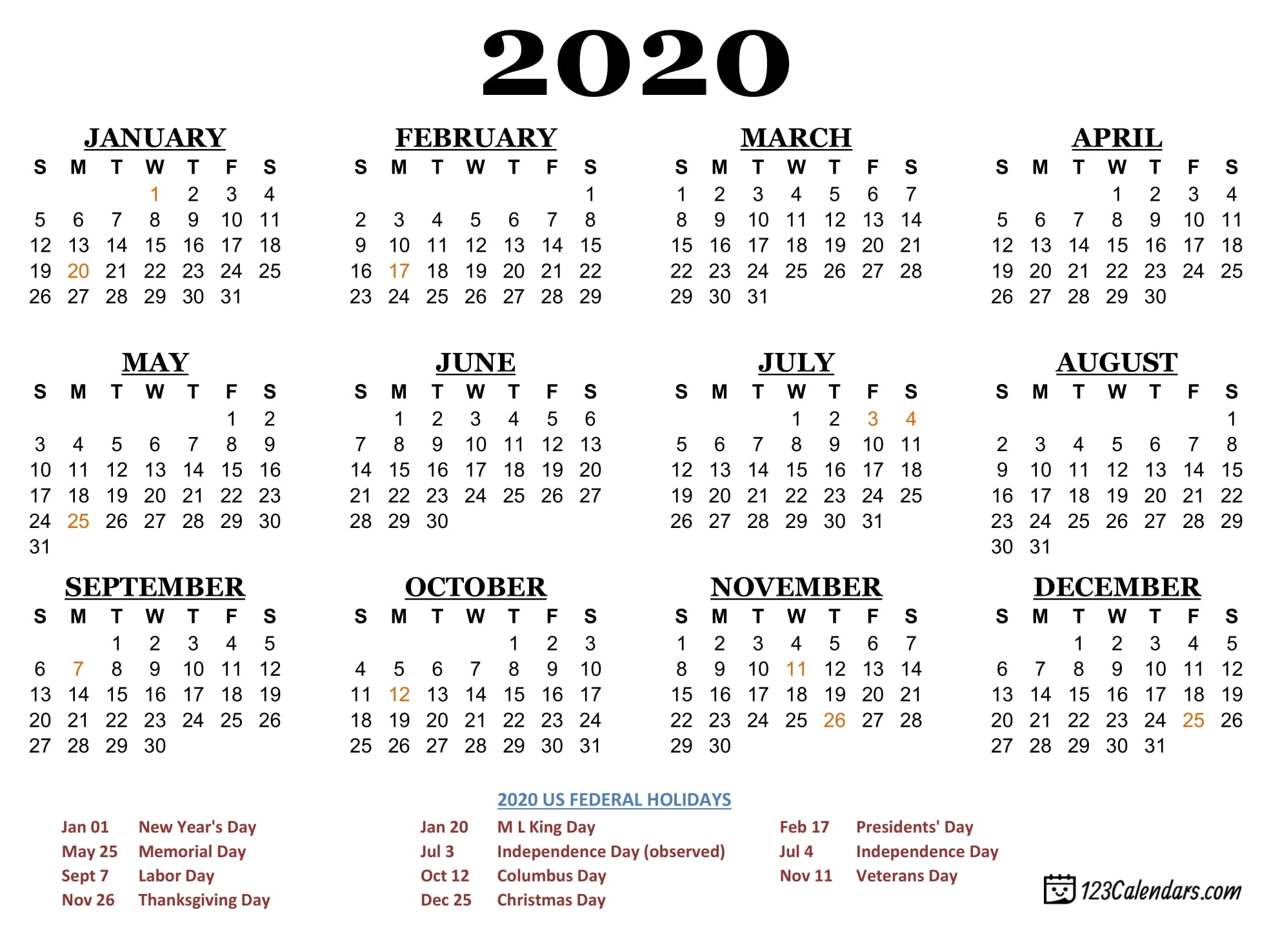 Free Printable 2020 Calendar | 123Calendars