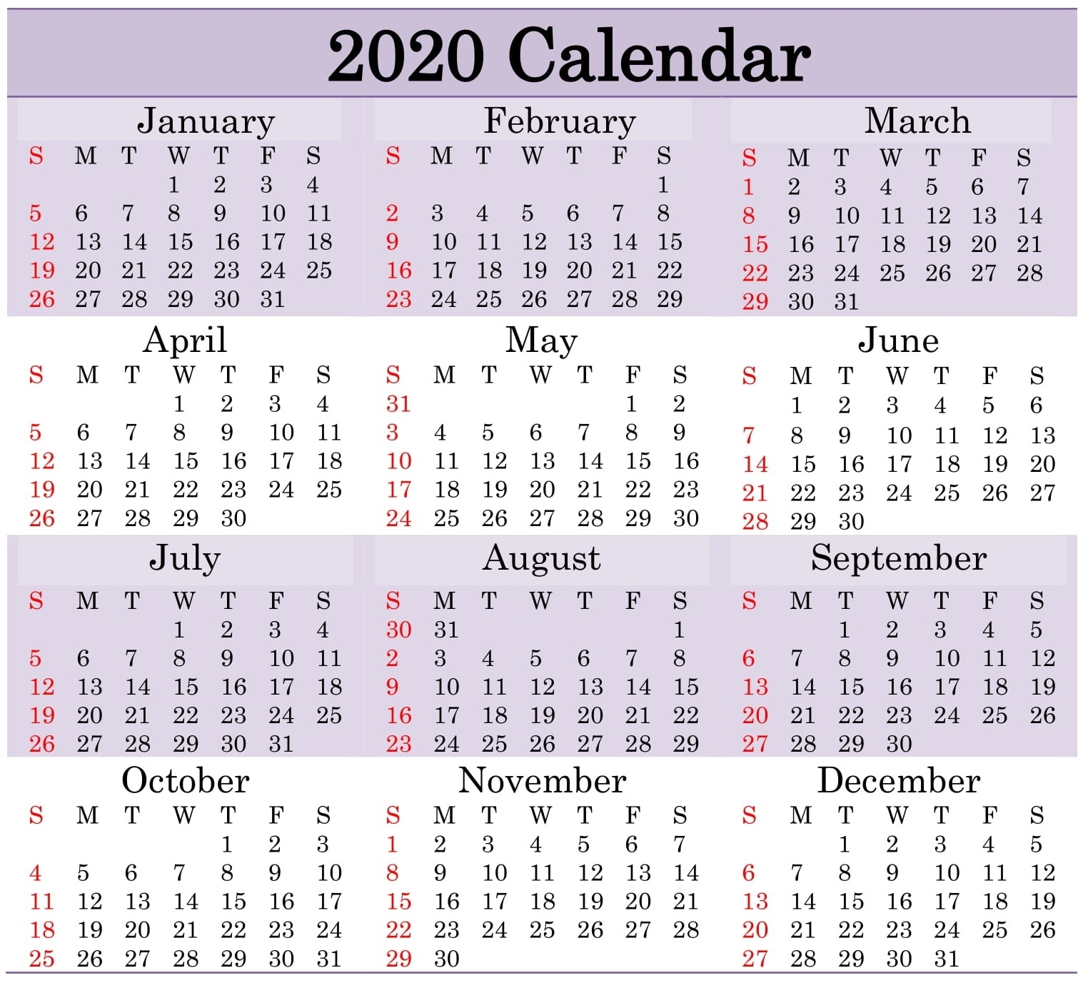 Free Printable 2020 Calendar Word Document - Latest