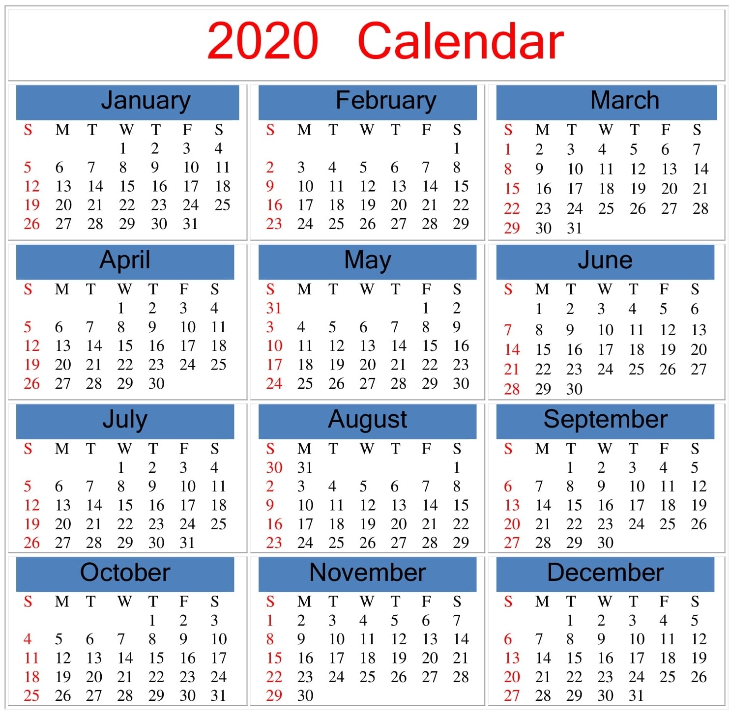 Free Printable 2020 Calendar Word Document - Latest