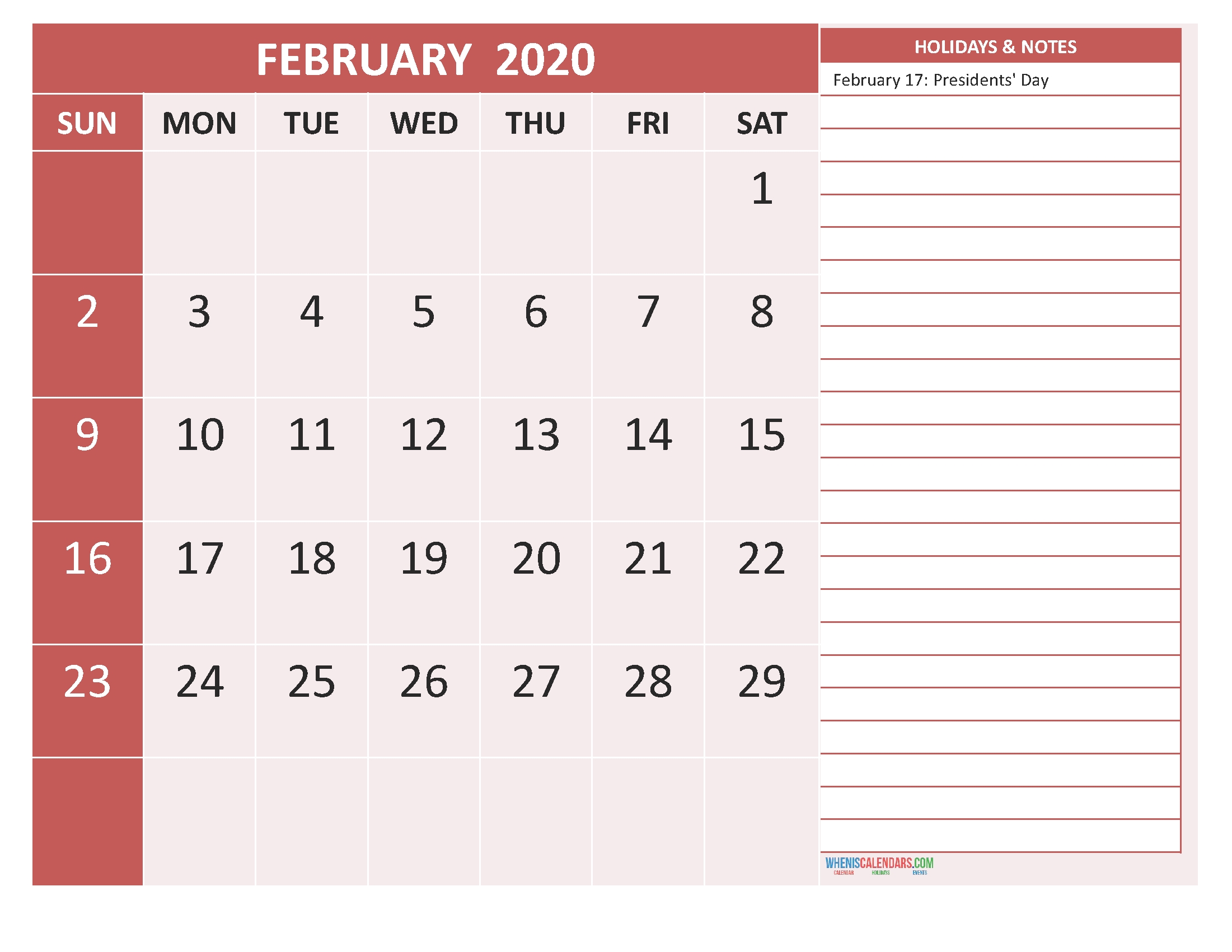 Free Printable 2020 Monthly Calendar With Holidays February