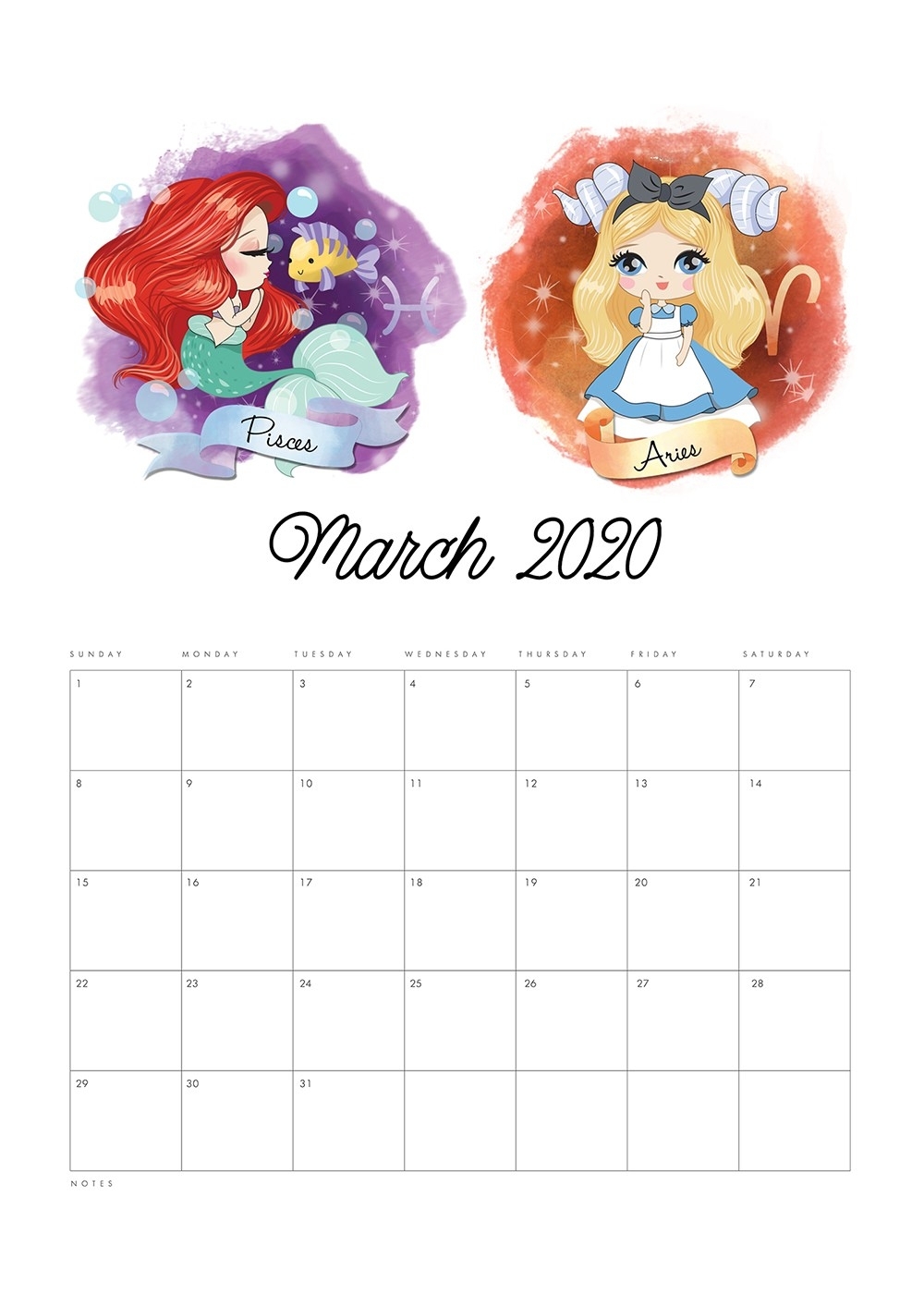 Free Printable 2020 Princess Zodiac Calendar - The Cottage