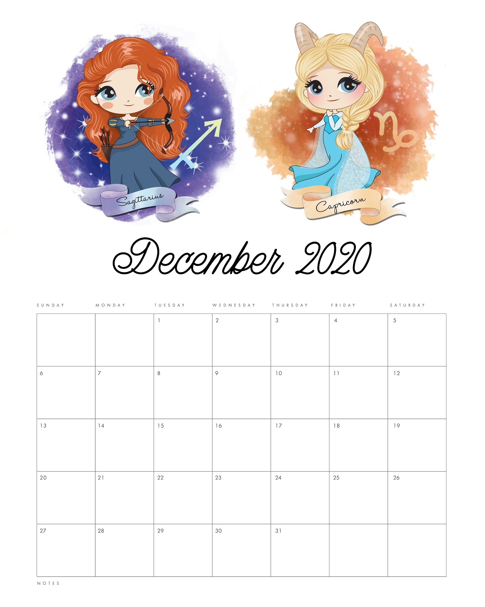 Free Printable 2020 Princess Zodiac Calendar - The Cottage
