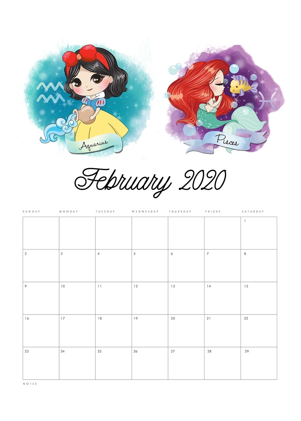Free Printable 2020 Princess Zodiac Calendar - The Cottage