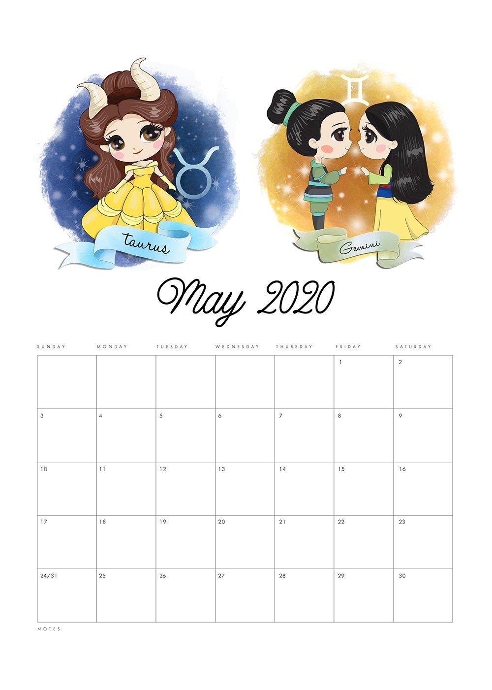 Free Printable 2020 Princess Zodiac Calendar - The Cottage