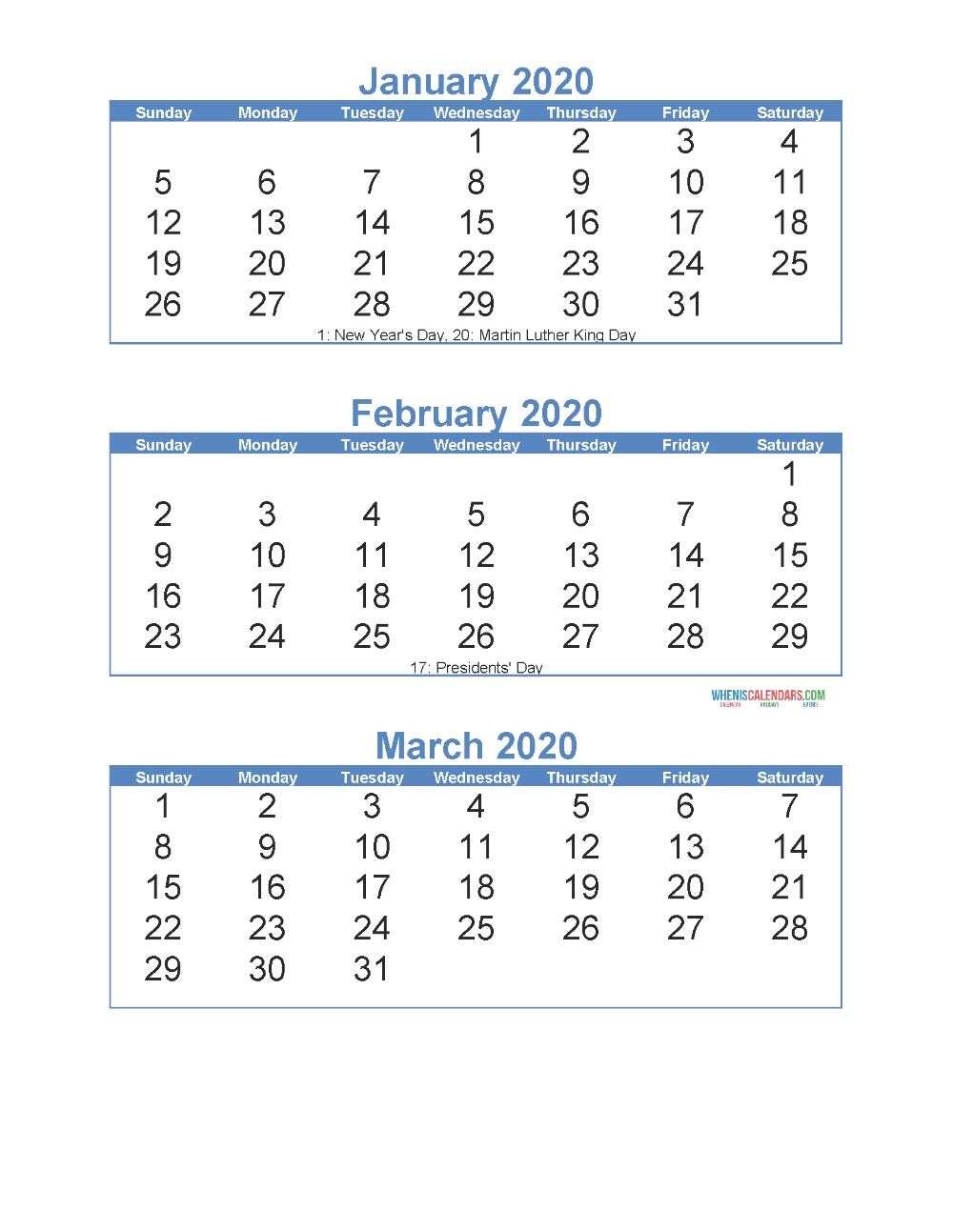 Free Printable 3 Month Calendar 2020 January February March