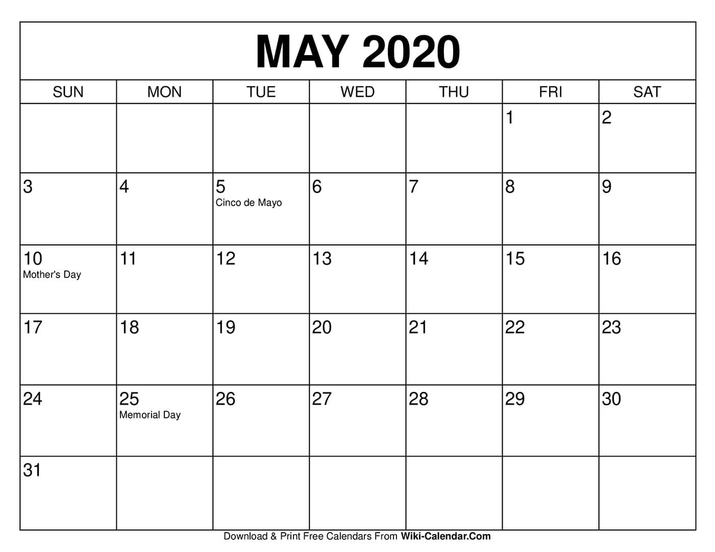 Free Printable May 2020 Calendars