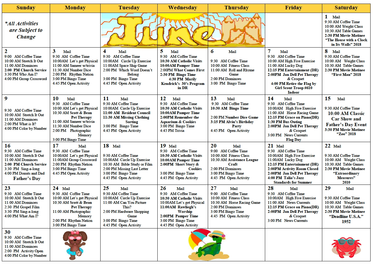 Gold Country Skilled Nursing Activity Calendar For June 2019