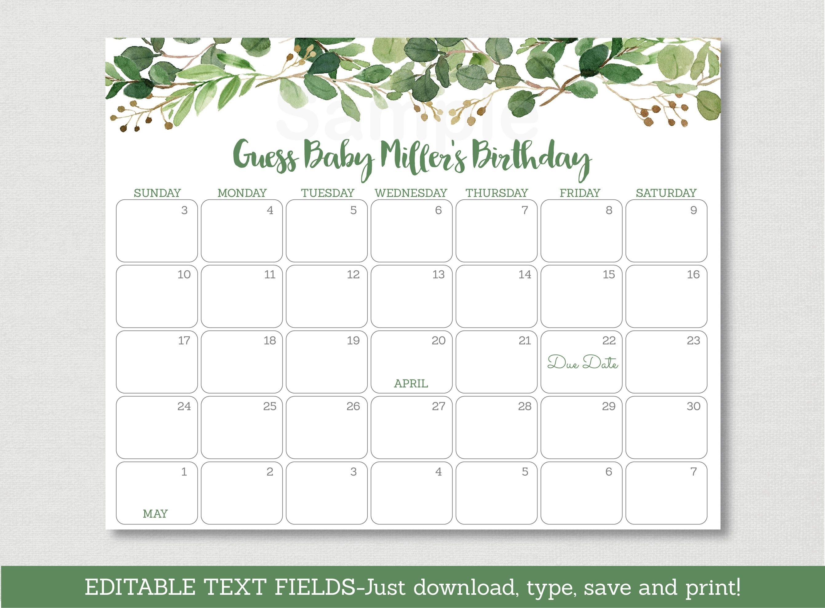 Green Floral Baby Due Date Calendar / Floral Baby Shower