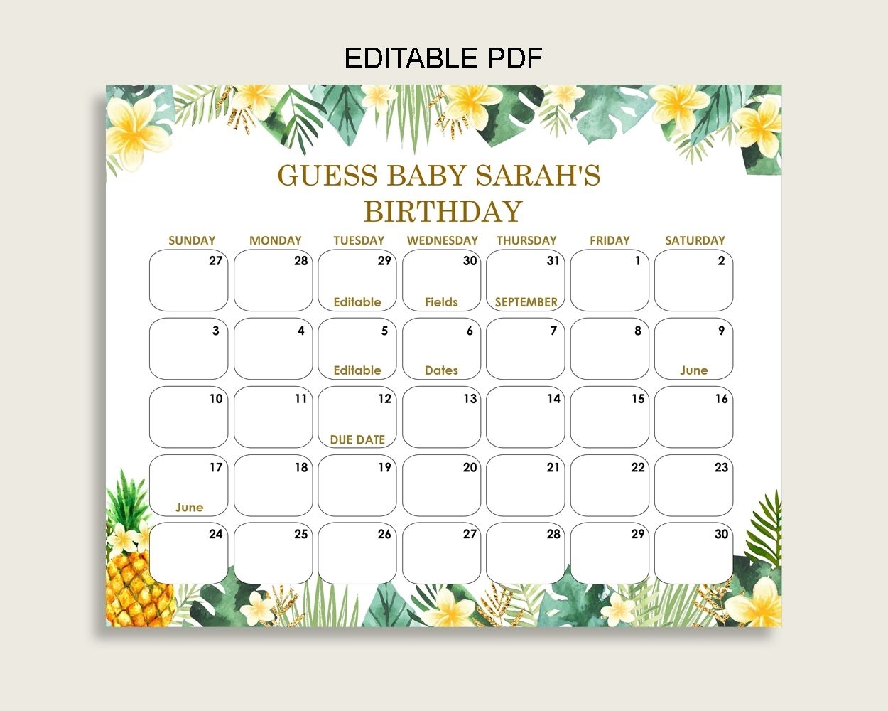 Green Yellow Guess Baby Due Date Calendar Game Printable