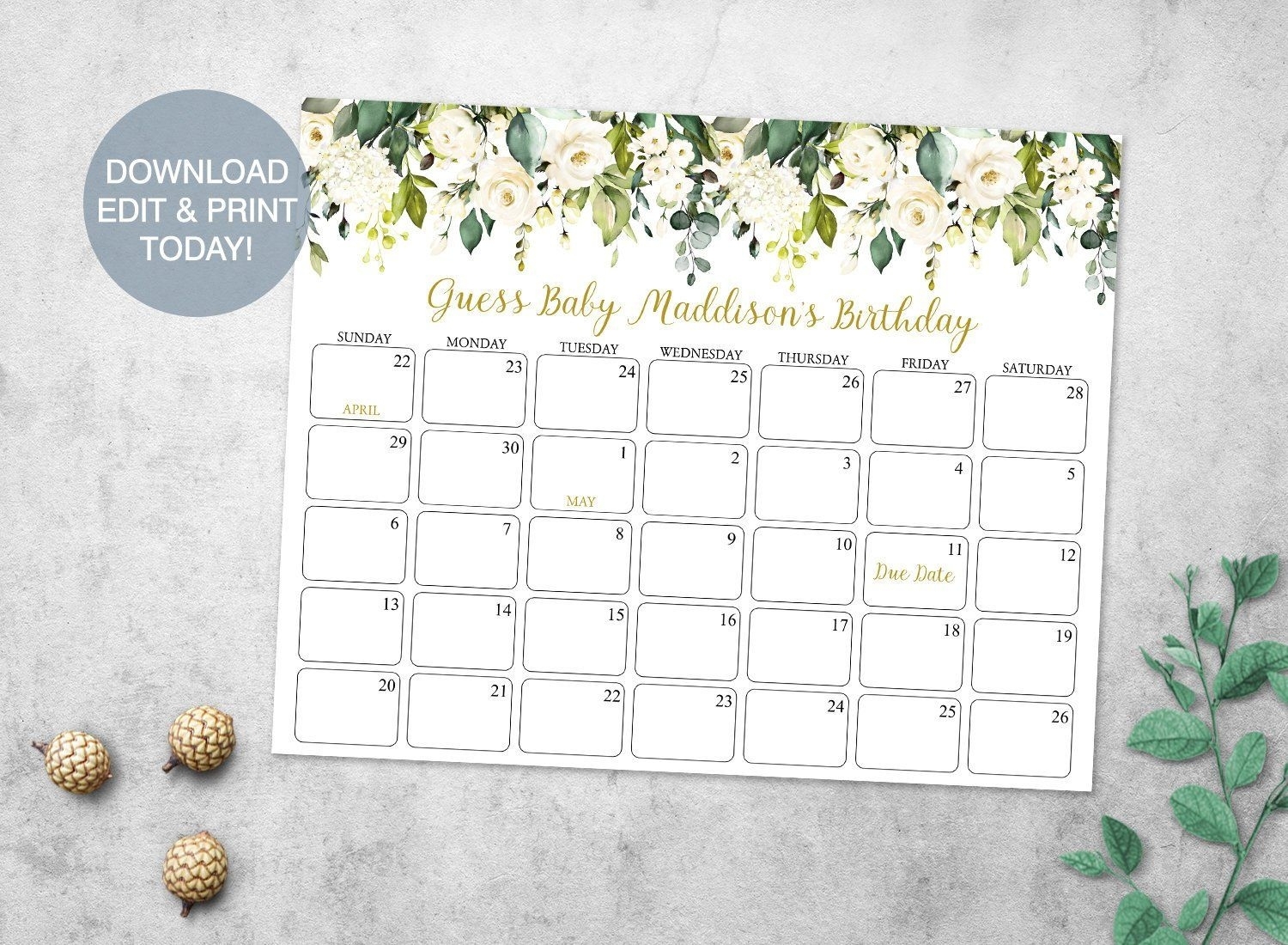 Greenery Baby Due Date Prediction Calendar Printable, White