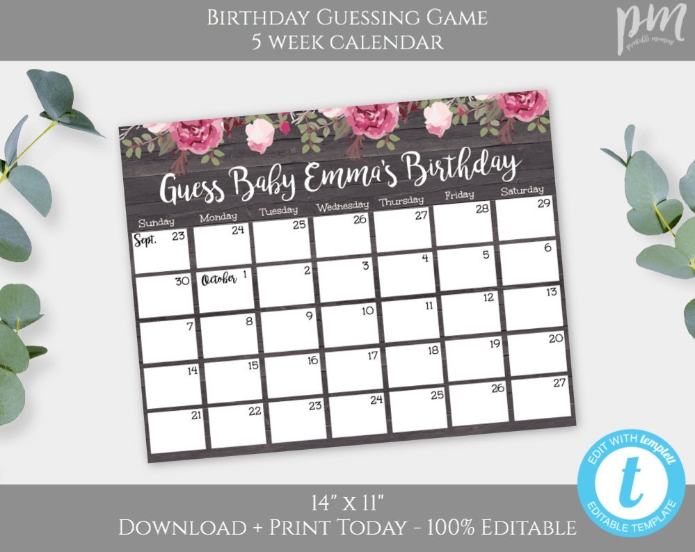 Guess Baby Birthday Baby Shower Calendar Template, Rustic Floral Calendar  Game Baby Shower Game Due Date Calendar Editable + Printable Bsrf3