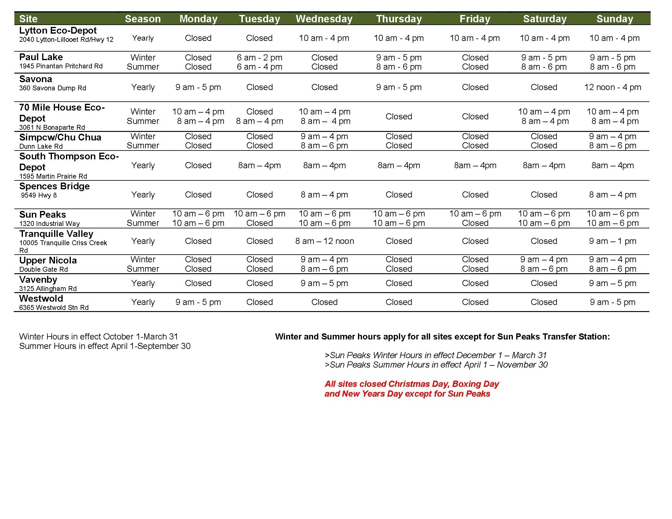 Hours Of Operation And Collection Schedule | Thompson-Nicola