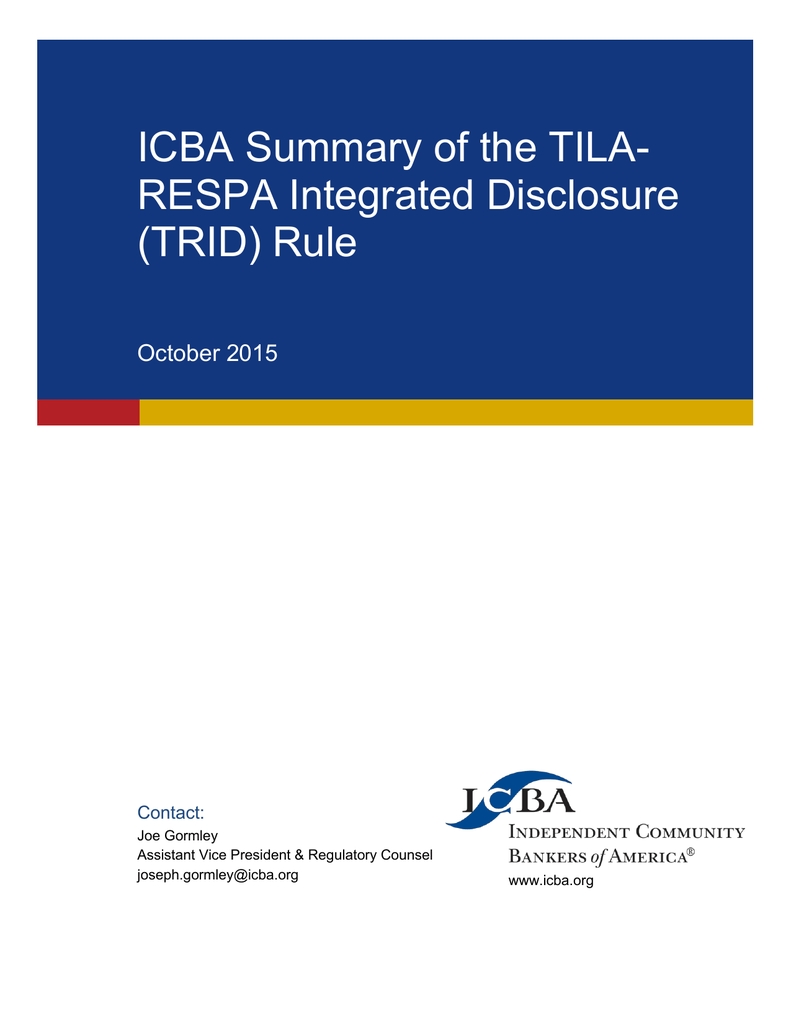 Icba Summary Of The Tila- Respa Integrated Disclosure (Trid