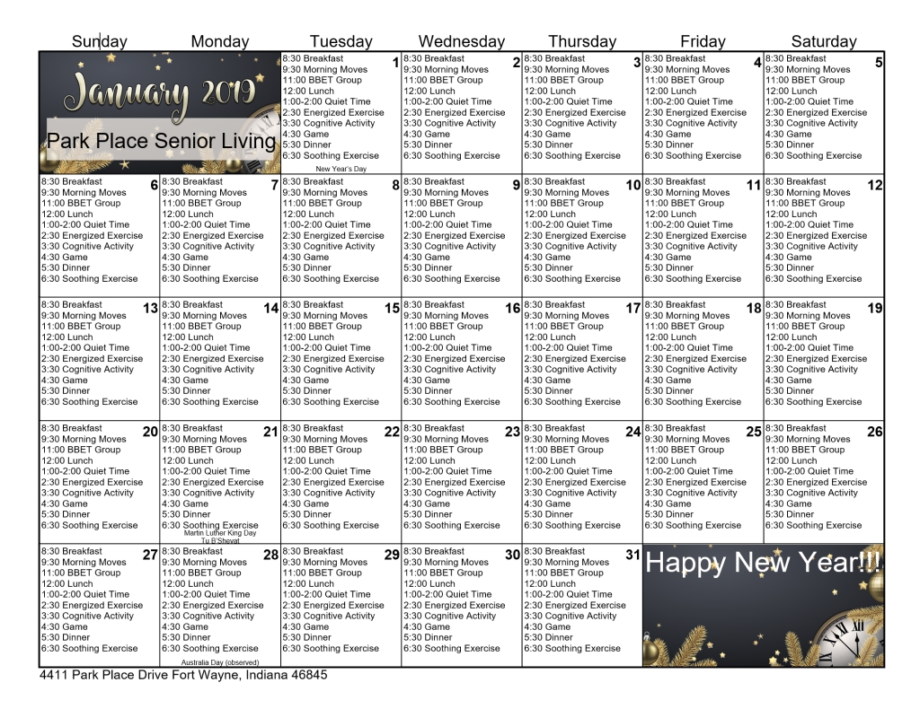 January 2019 Memory Care Calendar | Park Place Senior Living