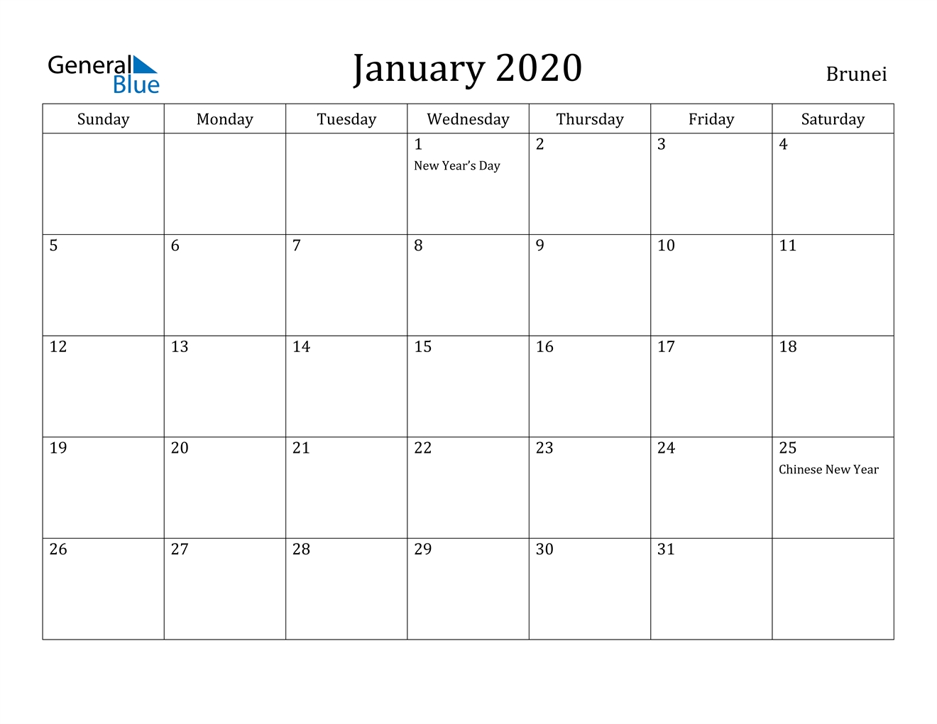 January 2020 Calendar - Brunei