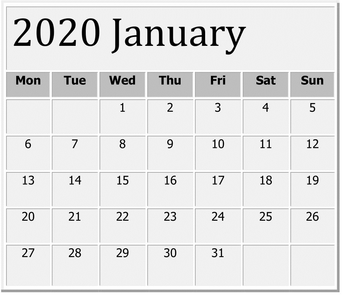 January 2020 Printable Calendar Large Print - Free Latest