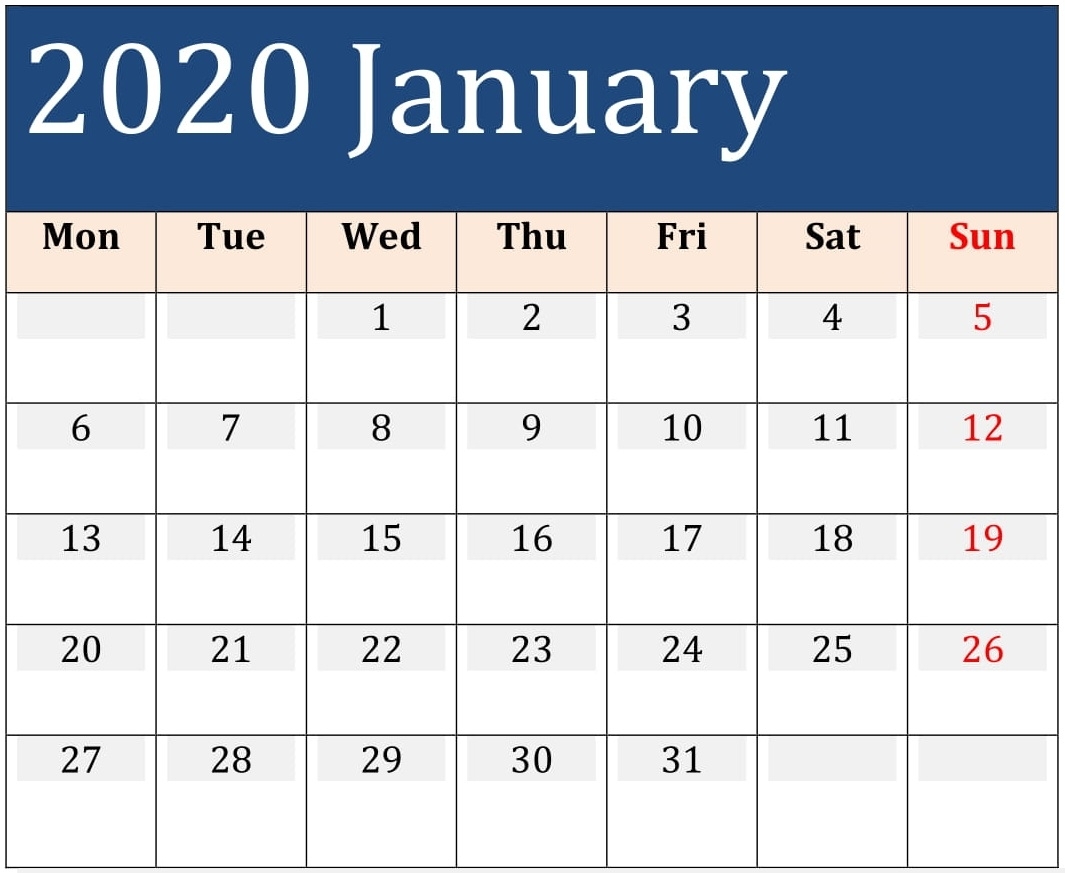 January 2020 Printable Calendar Large Print - Free Latest