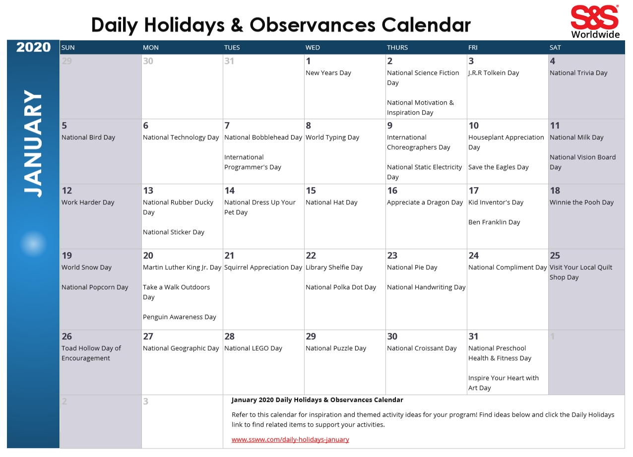 January Daily Holidays &amp; Observances Printable Calendar