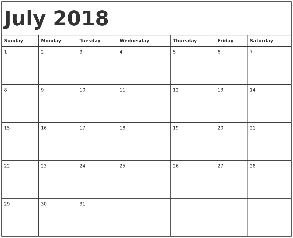 June 2018 Calendar Printable Usa — July Calendar With