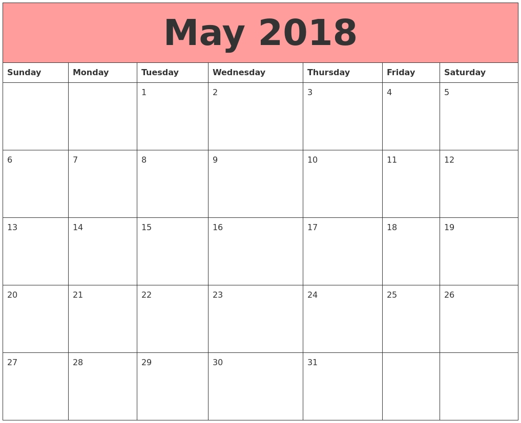 June 2018 Calendar Printable Usa — May Calendar Printable