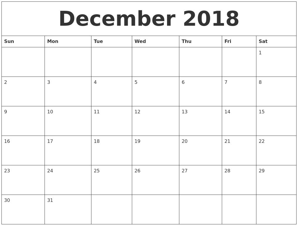 Large Squares Calendar For December 2018 | Blank Calendar